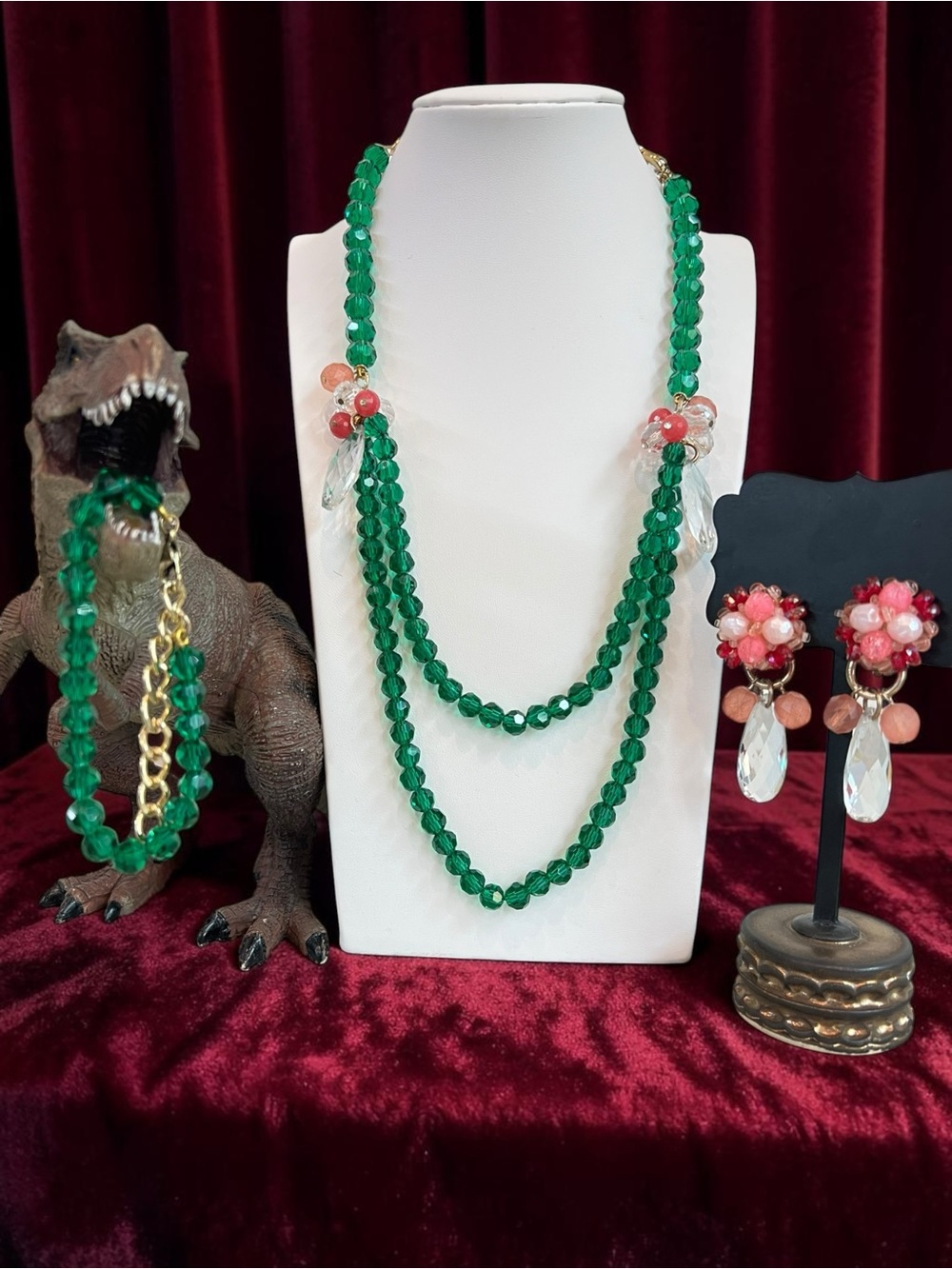 Reclaimed Vintage "Felicity" Green Pink and Clear Crystal 3-Piece Set